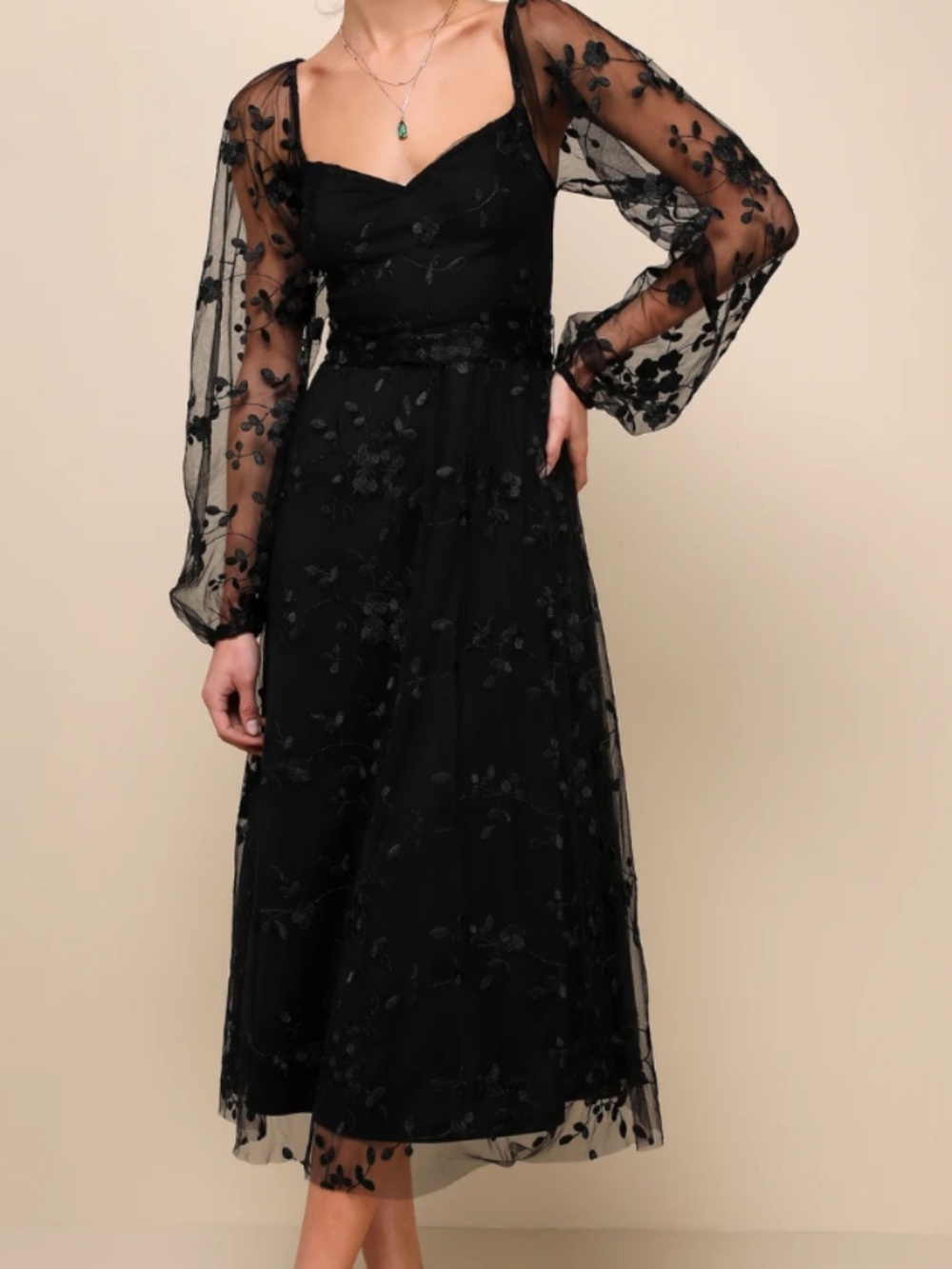 Darling Charisma Black Mesh Embroidered Midi Dress